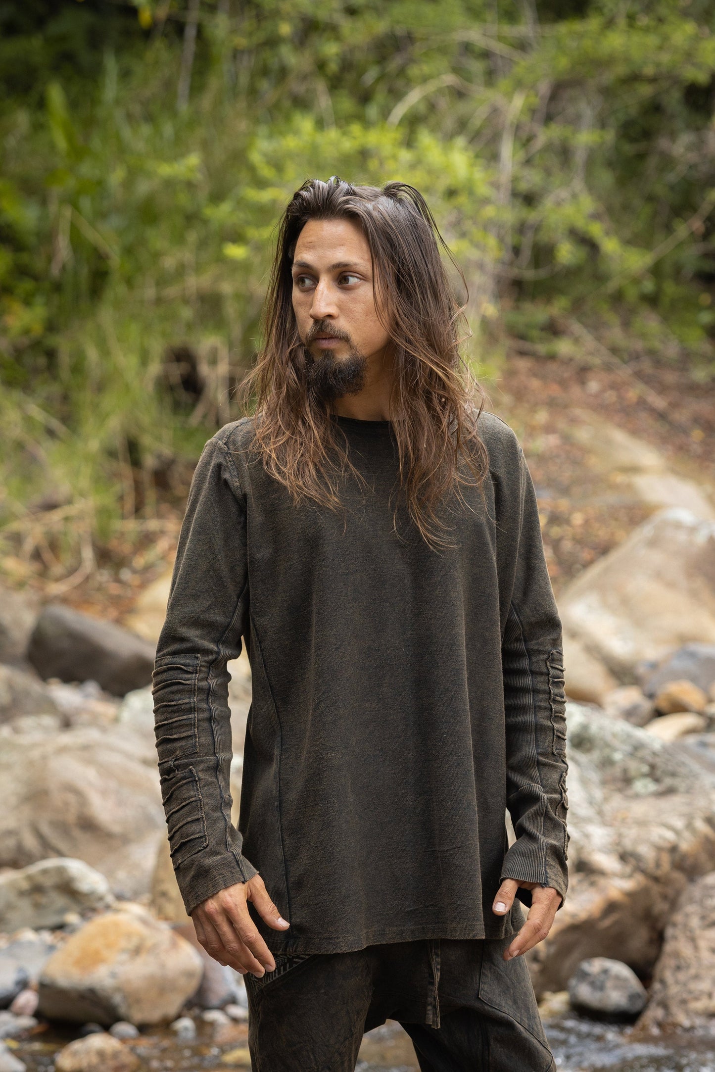 JAMIS Mens Jumper Black Long Sleeve Top Pullover Handmade Apocalyptic Dune Rugged Stone Washed Festival Steampunk Primitive Ethnic AJJAYA