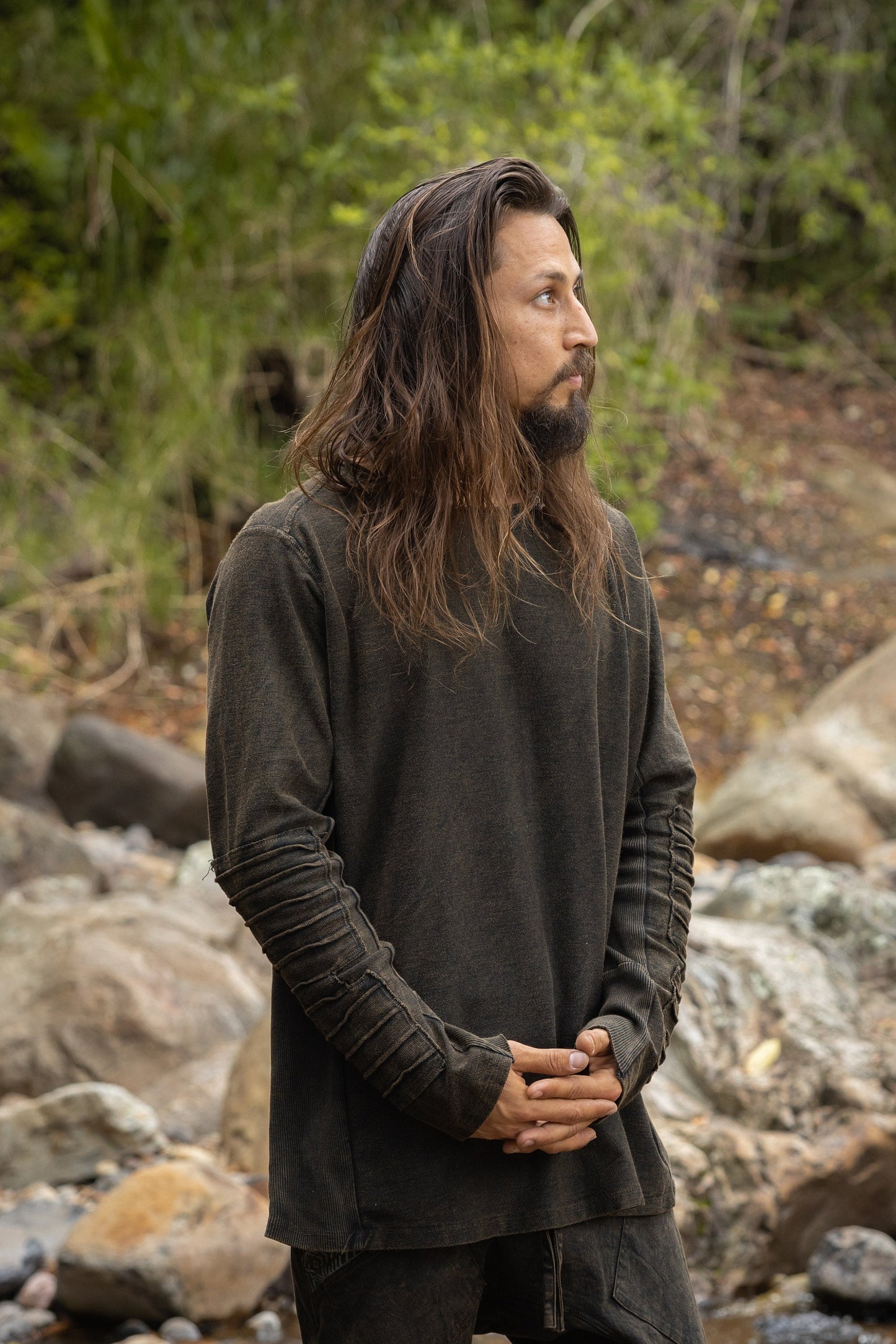 JAMIS Mens Jumper Black Long Sleeve Top Pullover Handmade Apocalyptic Dune Rugged Stone Washed Festival Steampunk Primitive Ethnic AJJAYA