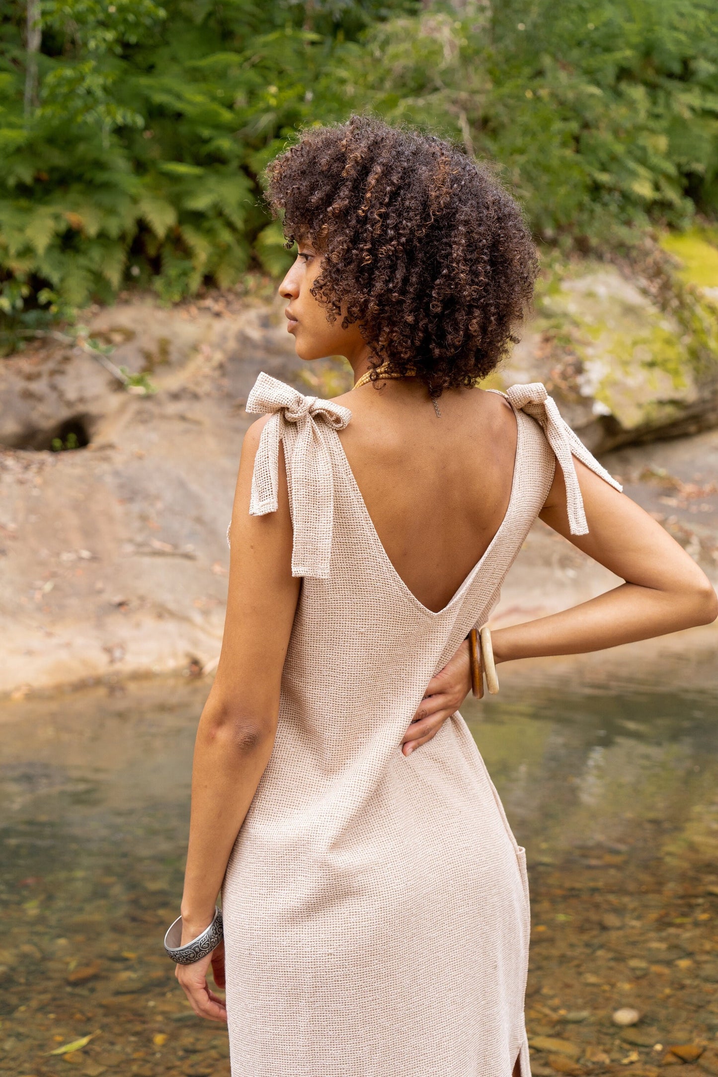 SAANUK Dress Beige Maxi Cotton Pockets Boho Peasant Bridesmaid Gypsy Earthy Bohemian Festival Ceremony Ritual Shamanic Sacred Simple AJJAYA