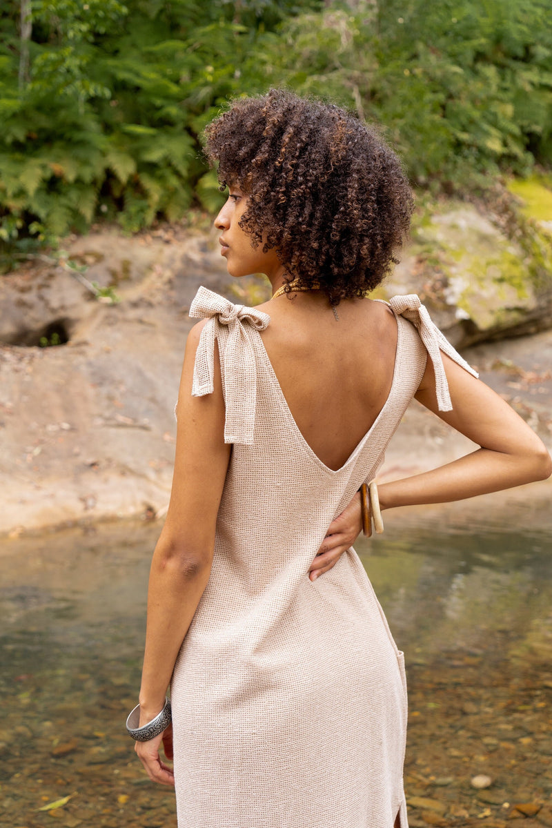 SAANUK Dress Beige Maxi Cotton Pockets Boho Peasant Bridesmaid Gypsy Earthy Bohemian Festival Ceremony Ritual Shamanic Sacred Simple AJJAYA