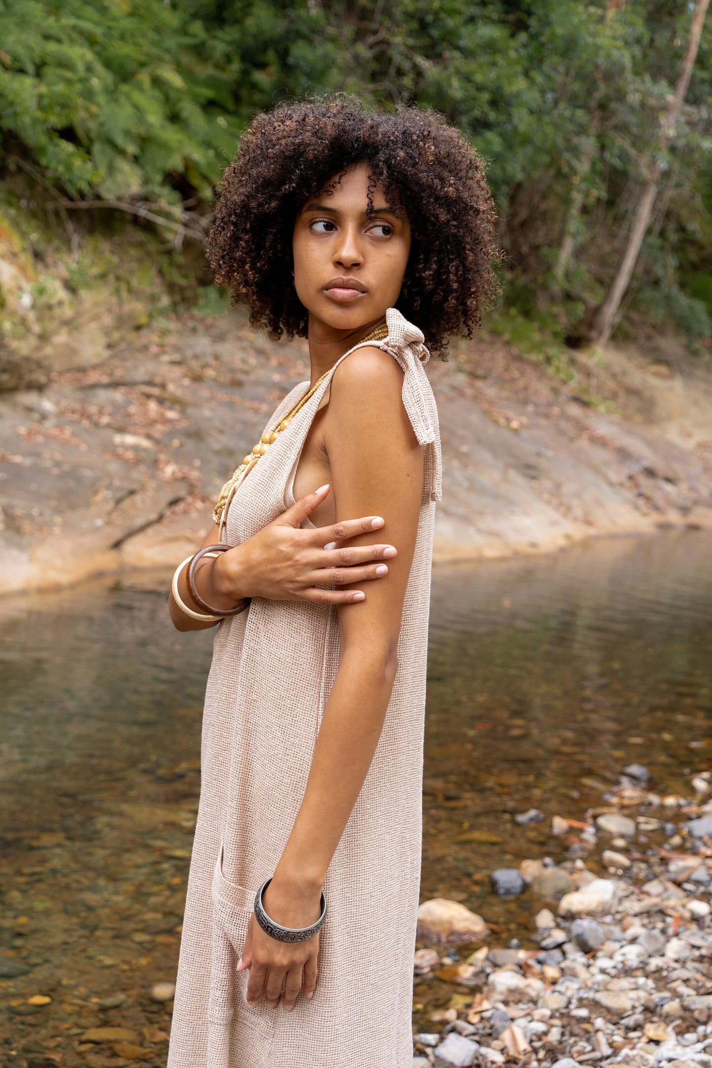 SAANUK Dress Beige Maxi Cotton Pockets Boho Peasant Bridesmaid Gypsy Earthy Bohemian Festival Ceremony Ritual Shamanic Sacred Simple AJJAYA