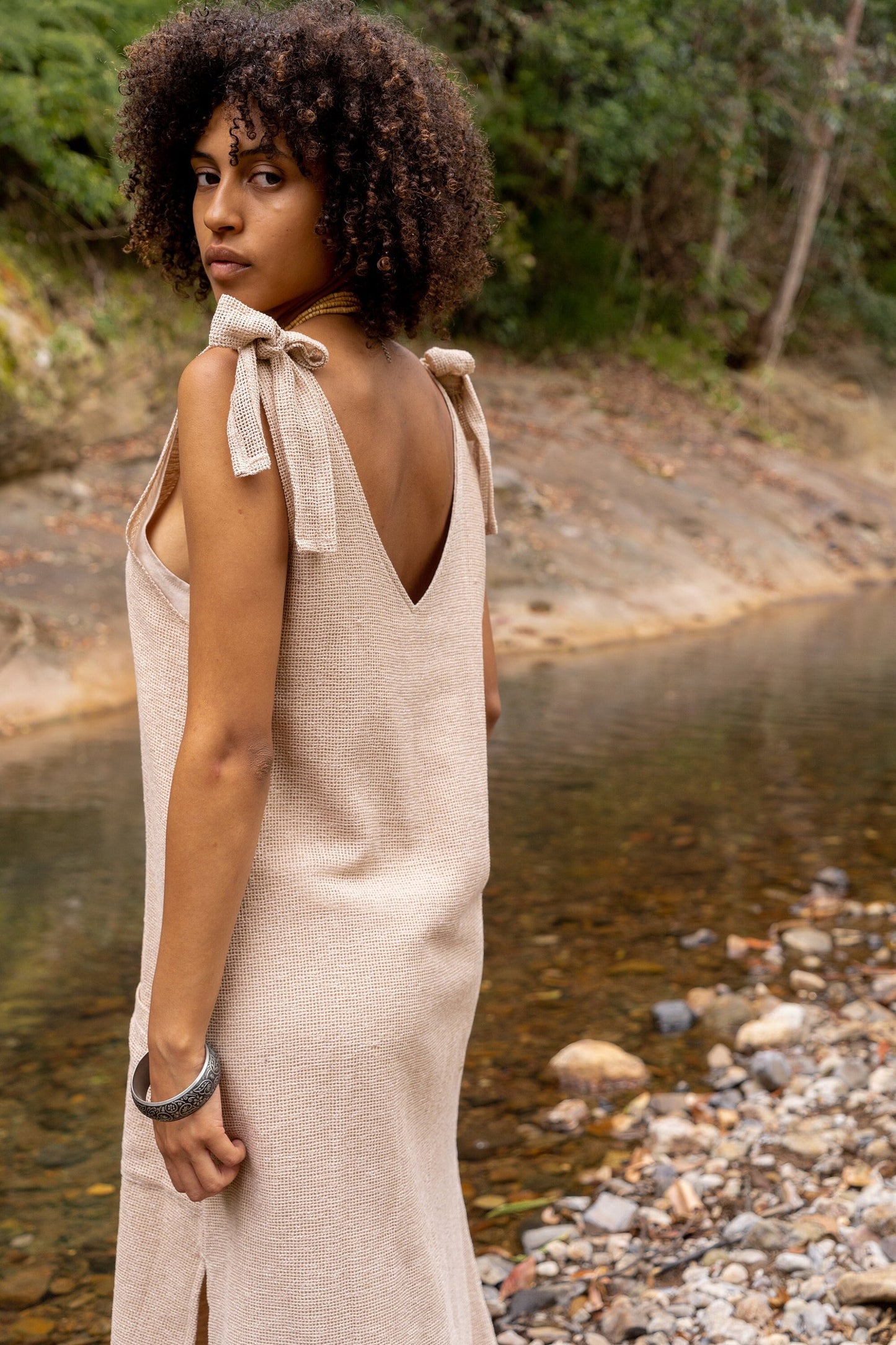 SAANUK Dress Beige Maxi Cotton Pockets Boho Peasant Bridesmaid Gypsy Earthy Bohemian Festival Ceremony Ritual Shamanic Sacred Simple AJJAYA