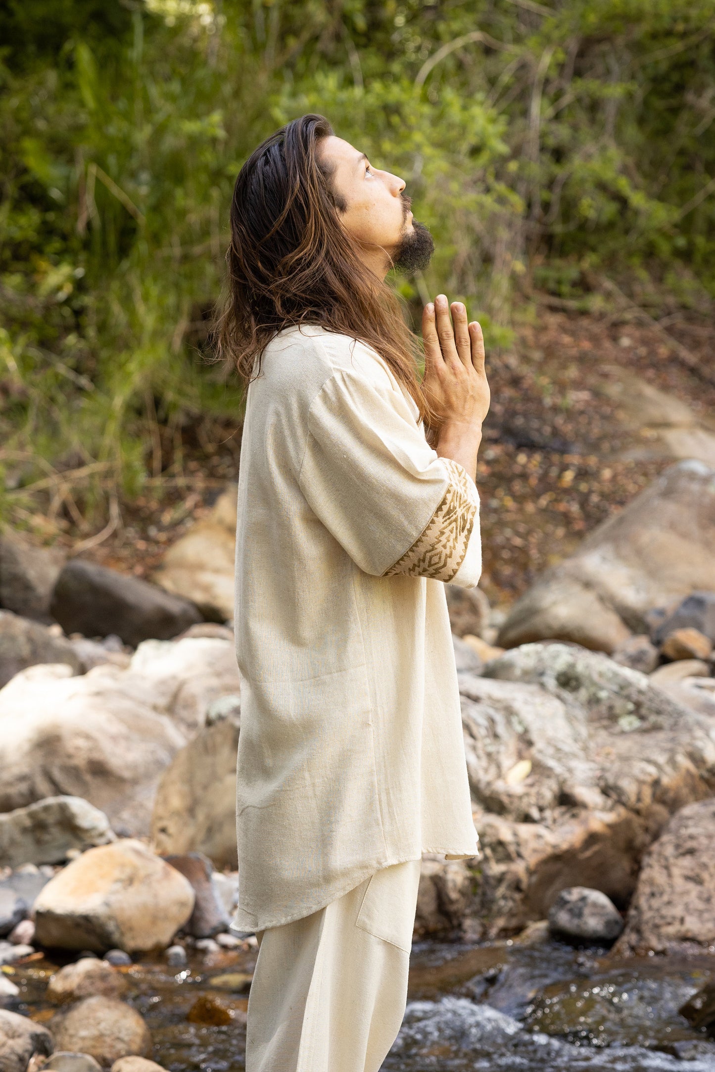 MAHADI Beige Mens Shamanic Top Ceremony Shirt Natural Cotton Block Printed Tribal Patterns Ritual Festival Boho Wedding Best Man AJJAYA