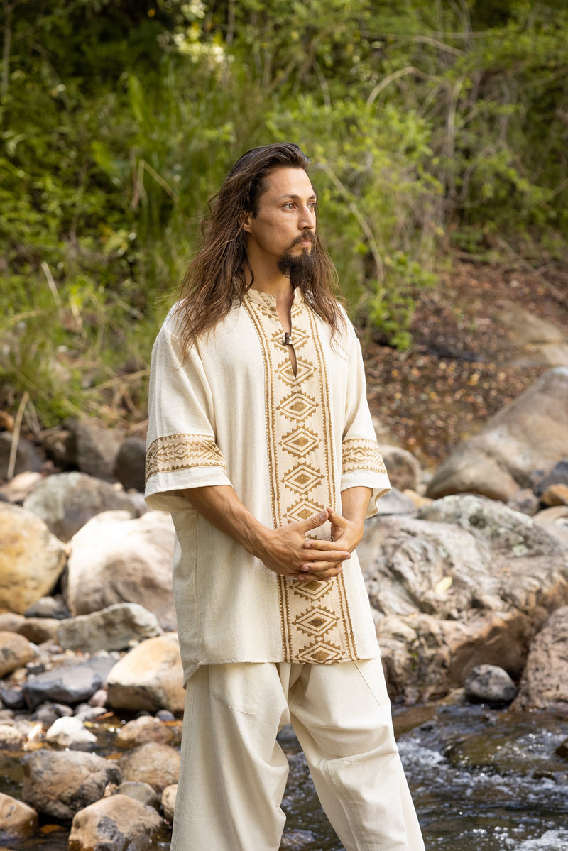 MAHADI Beige Mens Shamanic Top Ceremony Shirt Natural Cotton – AJJAYA