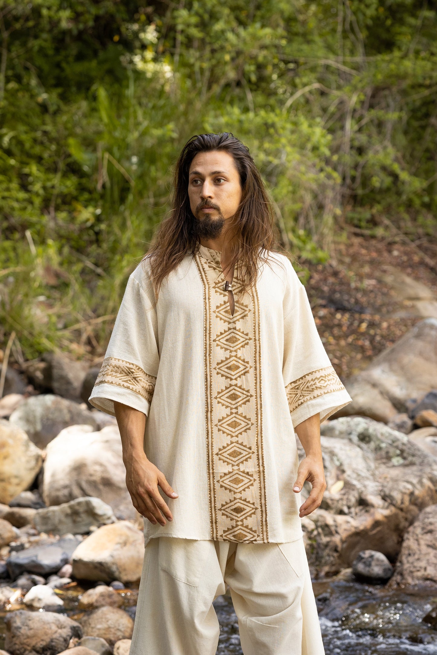 MAHADI Beige Mens Shamanic Top Ceremony Shirt Natural Cotton Block Printed Tribal Patterns Ritual Festival Boho Wedding Best Man AJJAYA