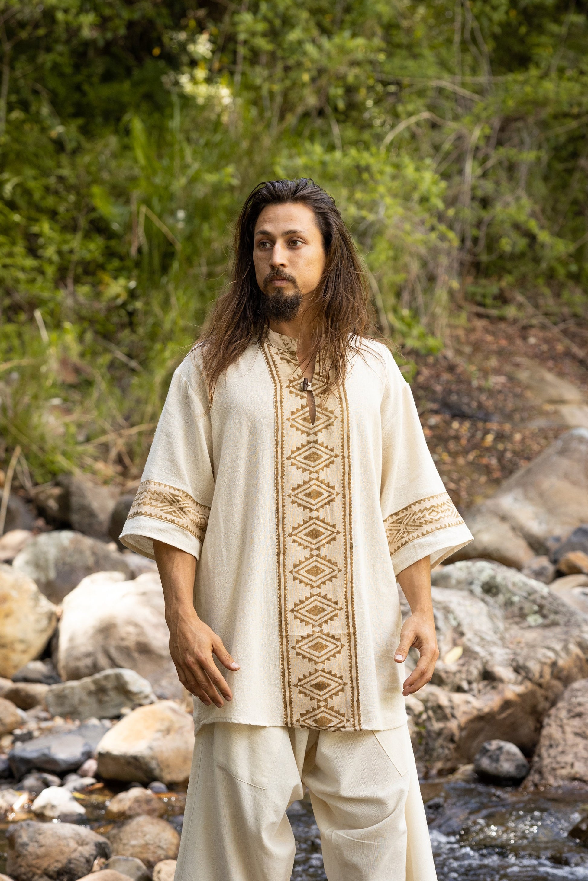 MAHADI Beige Mens Shamanic Top Ceremony Shirt Natural Cotton Block Printed Tribal Patterns Ritual Festival Boho Wedding Best Man AJJAYA