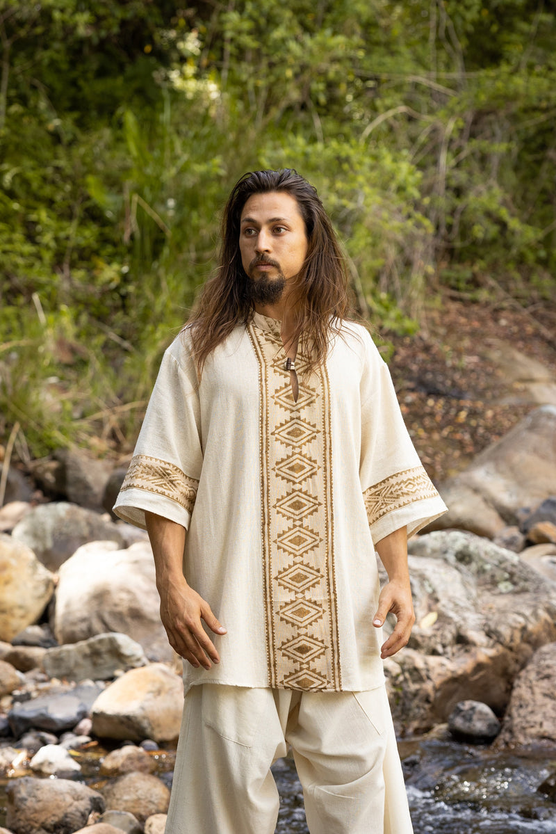 MAHADI Mens Brown Shamanic Top Ceremony Shirt Natural Cotton Block Printed Tribal Patterns Ritual Festival Boho Wedding Best Man AJJAYA