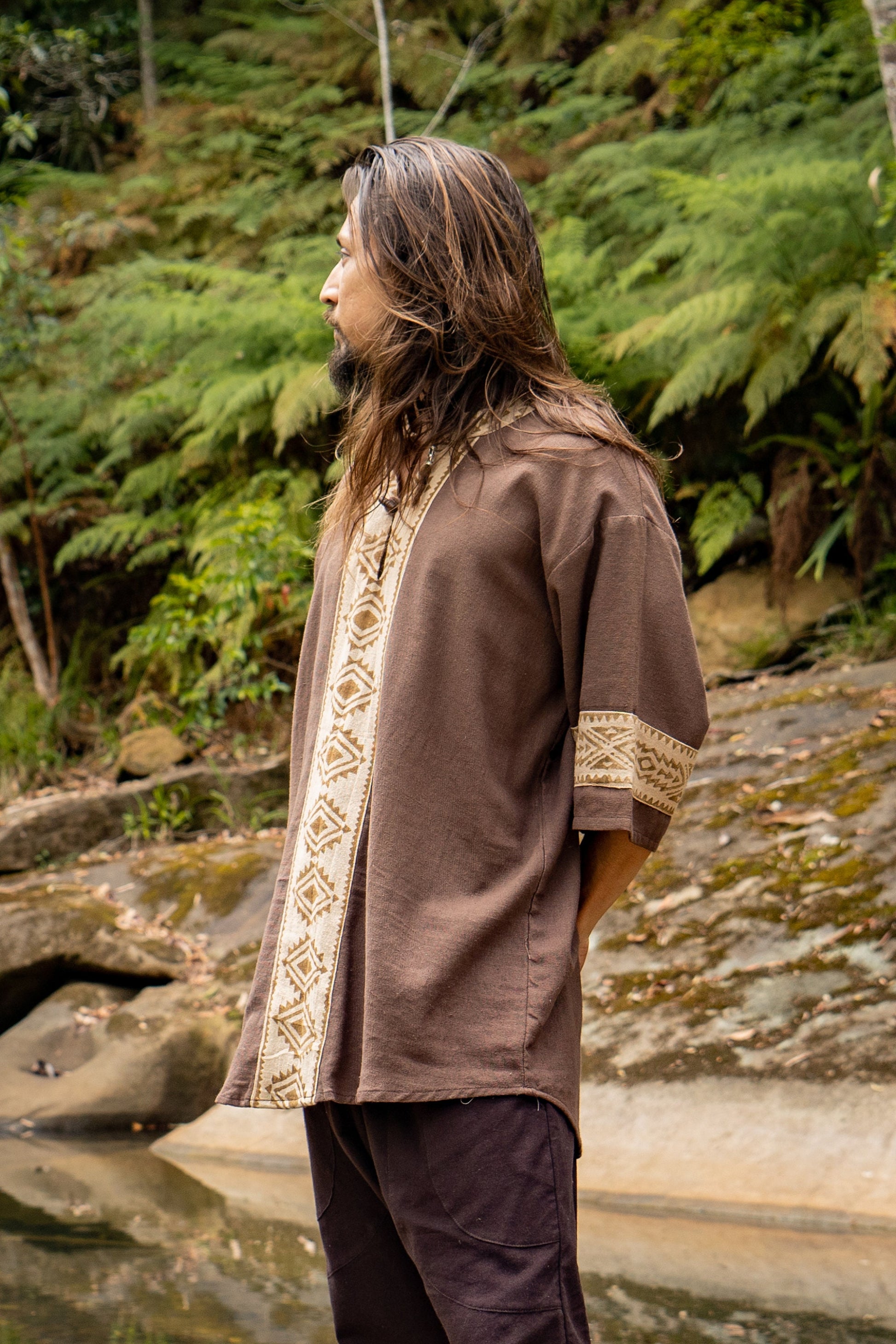 MAHADI Brown Mens Shamanic Top Ceremony Shirt Natural Cotton Block Printed Tribal Patterns Ritual Festival Boho Wedding Best Man AJJAYA