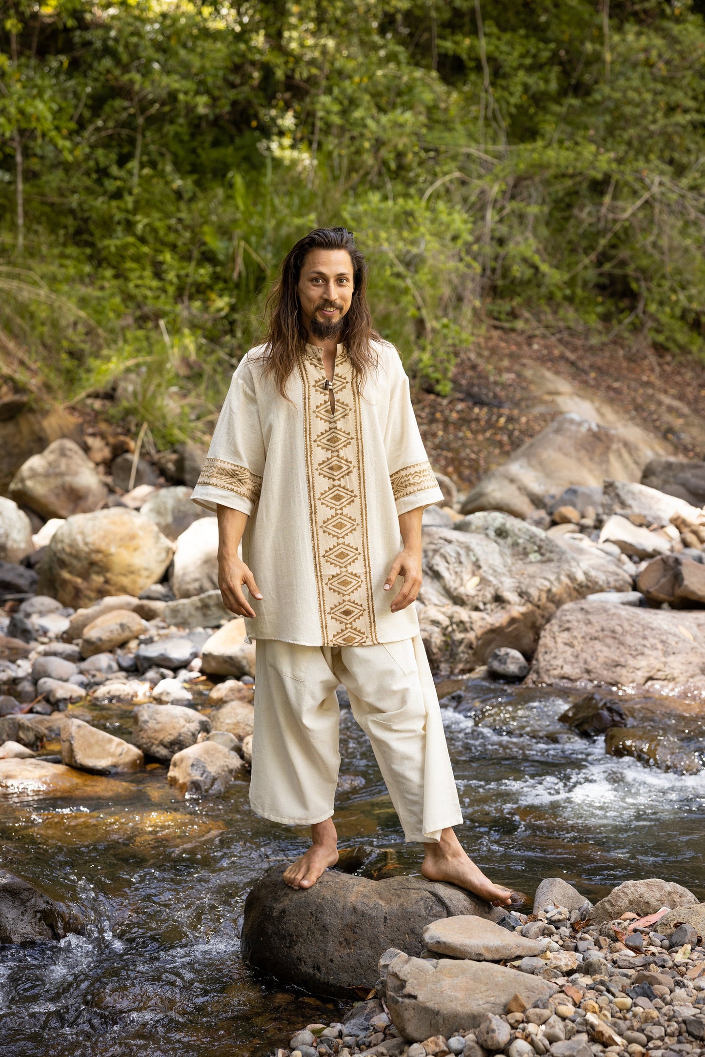 MAHADI Beige Mens Shamanic Top Ceremony Shirt Natural Cotton Block Printed Tribal Patterns Ritual Festival Boho Wedding Best Man AJJAYA