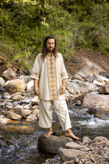 MAHADI Beige Mens Shamanic Top Ceremony Shirt Natural Cotton Block Printed Tribal Patterns Ritual Festival Boho Wedding Best Man AJJAYA