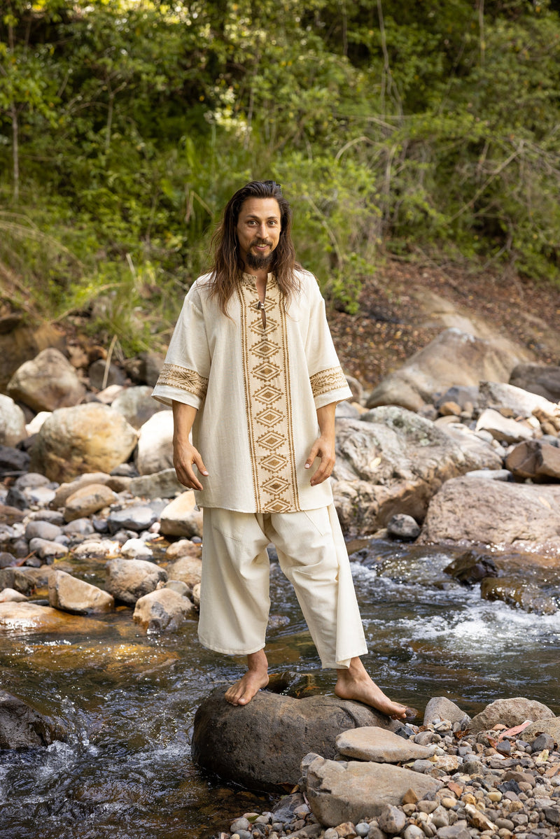 MAHADI Beige Mens Shamanic Top Ceremony Shirt Natural Cotton Block Printed Tribal Patterns Ritual Festival Boho Wedding Best Man AJJAYA