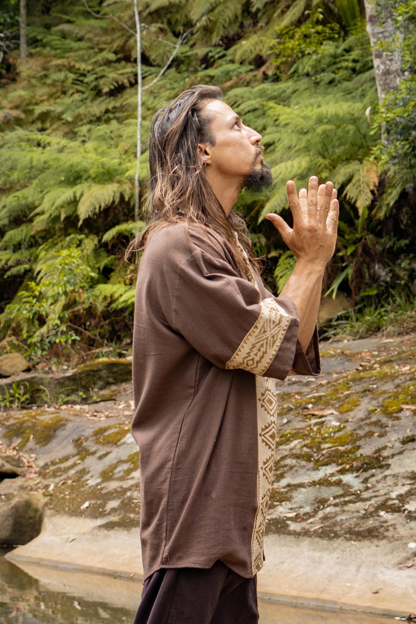 MAHADI Brown Mens Shamanic Top Ceremony Shirt Natural Cotton Block Printed Tribal Patterns Ritual Festival Boho Wedding Best Man AJJAYA