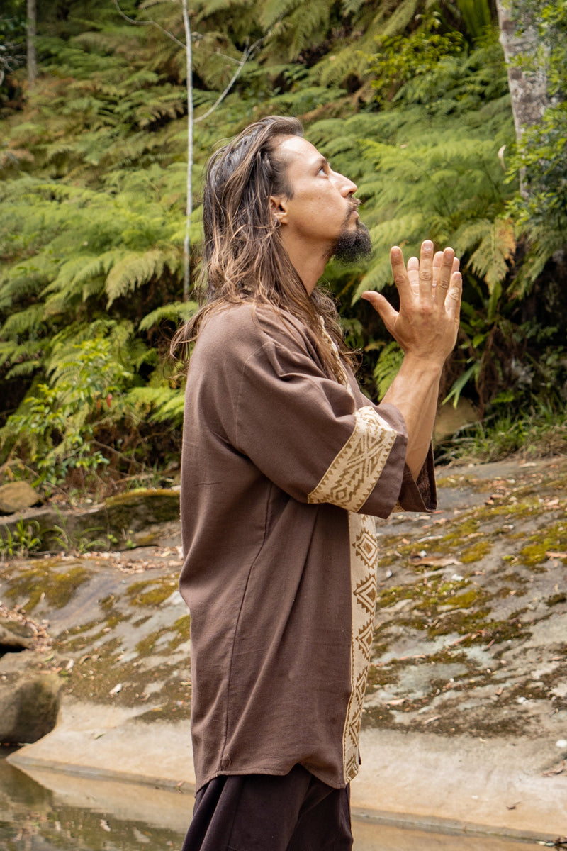 MAHADI Brown Mens Shamanic Top Ceremony Shirt Natural Cotton Block Printed Tribal Patterns Ritual Festival Boho Wedding Best Man AJJAYA