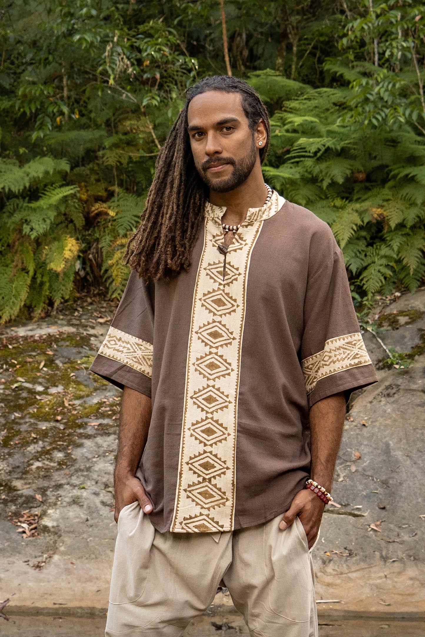 MAHADI Mens Brown Shamanic Top Ceremony Shirt Natural Cotton Block Printed Tribal Patterns Ritual Festival Boho Wedding Best Man AJJAYA