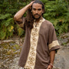 MAHADI Mens Brown Shamanic Top Ceremony Shirt Natural Cotton Block Printed Tribal Patterns Ritual Festival Boho Wedding Best Man AJJAYA
