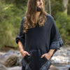 VECHO Black Mens Hooded Vegan Poncho Textured Cotton with Hood Block Printed Tribal Pattern Gypsy Festival Boho ceremony ritual AJJAYA