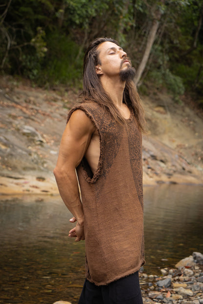 AKAU Beige Tank Top Sleeveless Shirt Shipibo Block Printed Handmade Natural Muscle Cotton Shamanic Tribal Festival Ceremony Ritual AJJAYA
