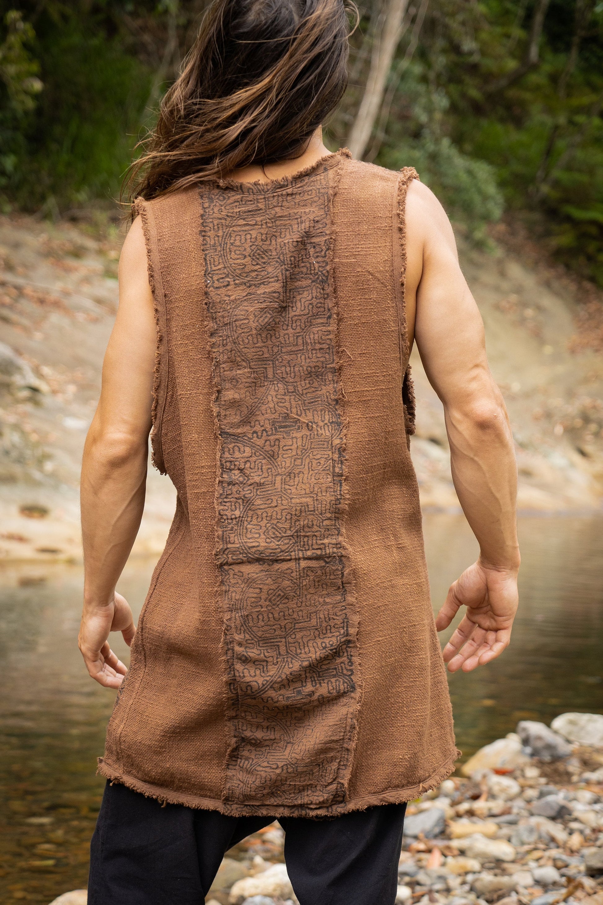 AKAU Beige Tank Top Sleeveless Shirt Shipibo Block Printed Handmade Natural Muscle Cotton Shamanic Tribal Festival Ceremony Ritual AJJAYA