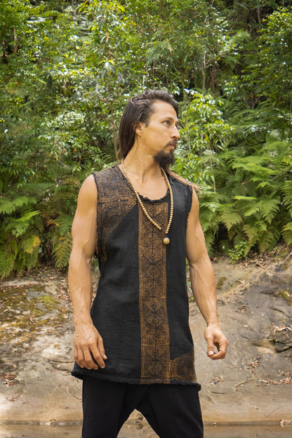 AKAU Tank Top Black Sleeveless Shirt Shipibo Block Printed Handmade Natural Muscle Cotton Shamanic Tribal Festival Ceremony Ritual AJJAYA