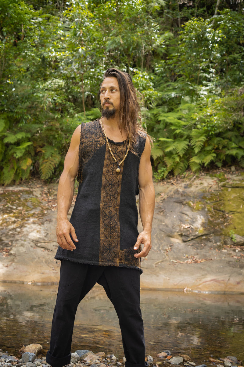 AKAU Tank Top Black Sleeveless Shirt Shipibo Block Printed Handmade Natural Muscle Cotton Shamanic Tribal Festival Ceremony Ritual AJJAYA