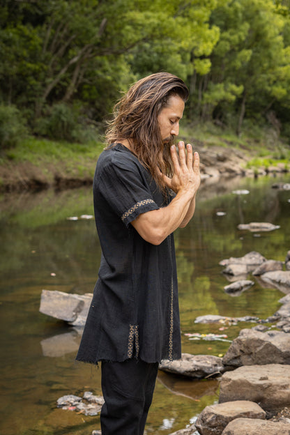 IKRAN Black Mens Cotton T Shirt Top Stone Washed Naturally Dyed Tribal Pattern Open V Neck Breathable Festival Ceremony Ritual Shaman AJJAYA