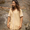 Our IKRAN cotton shirt is made of 100% natural breathable soft cotton. It is naturally dyed, and stone washed, has an open V-Neck design for maximal comfort and style and is decorated with tribal patterns.