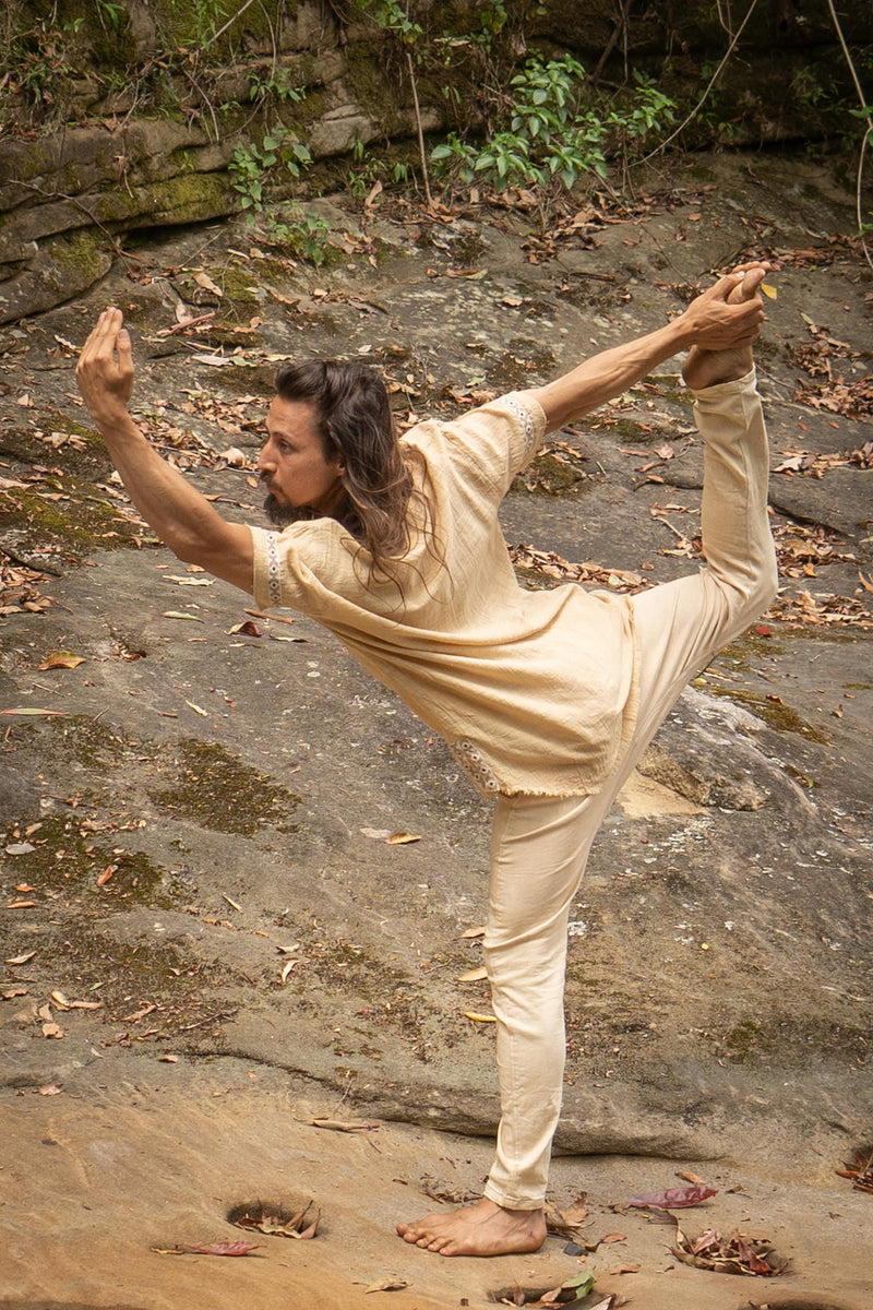 IKRAN Mustard Mens Cotton T Shirt Top Stone Washed Naturally Dyed Tribal Open V Neck Breathable Festival Ceremony Ritual Shaman AJJAYA