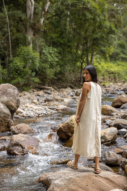 AHUA Dress Beige Maxi Long Simple Natural Cotton Sleeveless Handwoven Embroidery Pocket Boho Bridesmaid Wedding Festival Handmade AJJAYA