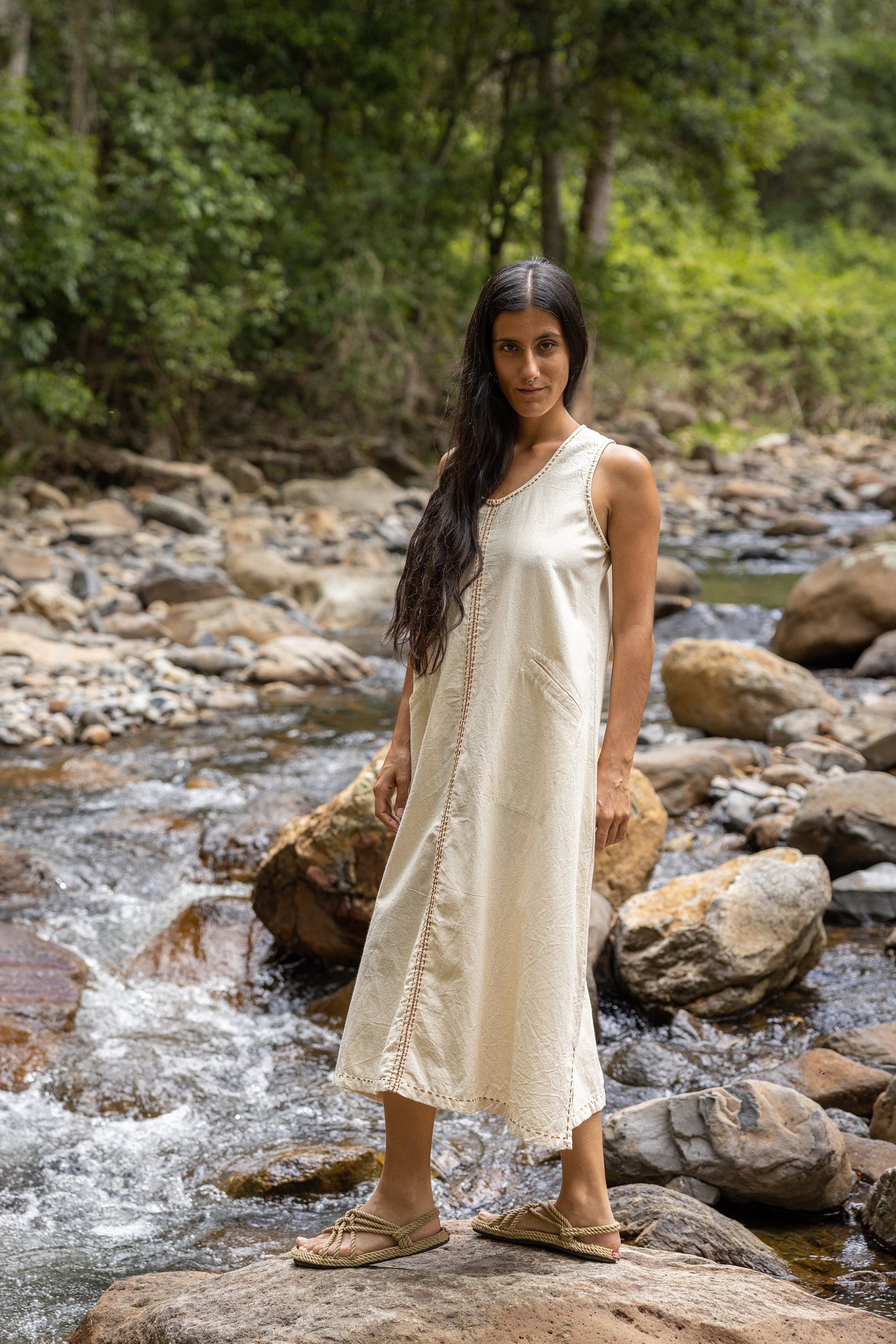 AHUA Dress Black Maxi Long Simple Natural Cotton Sleeveless Handwoven Embroidery Pocket Boho Bridesmaid Wedding Festival Handmade AJJAYA