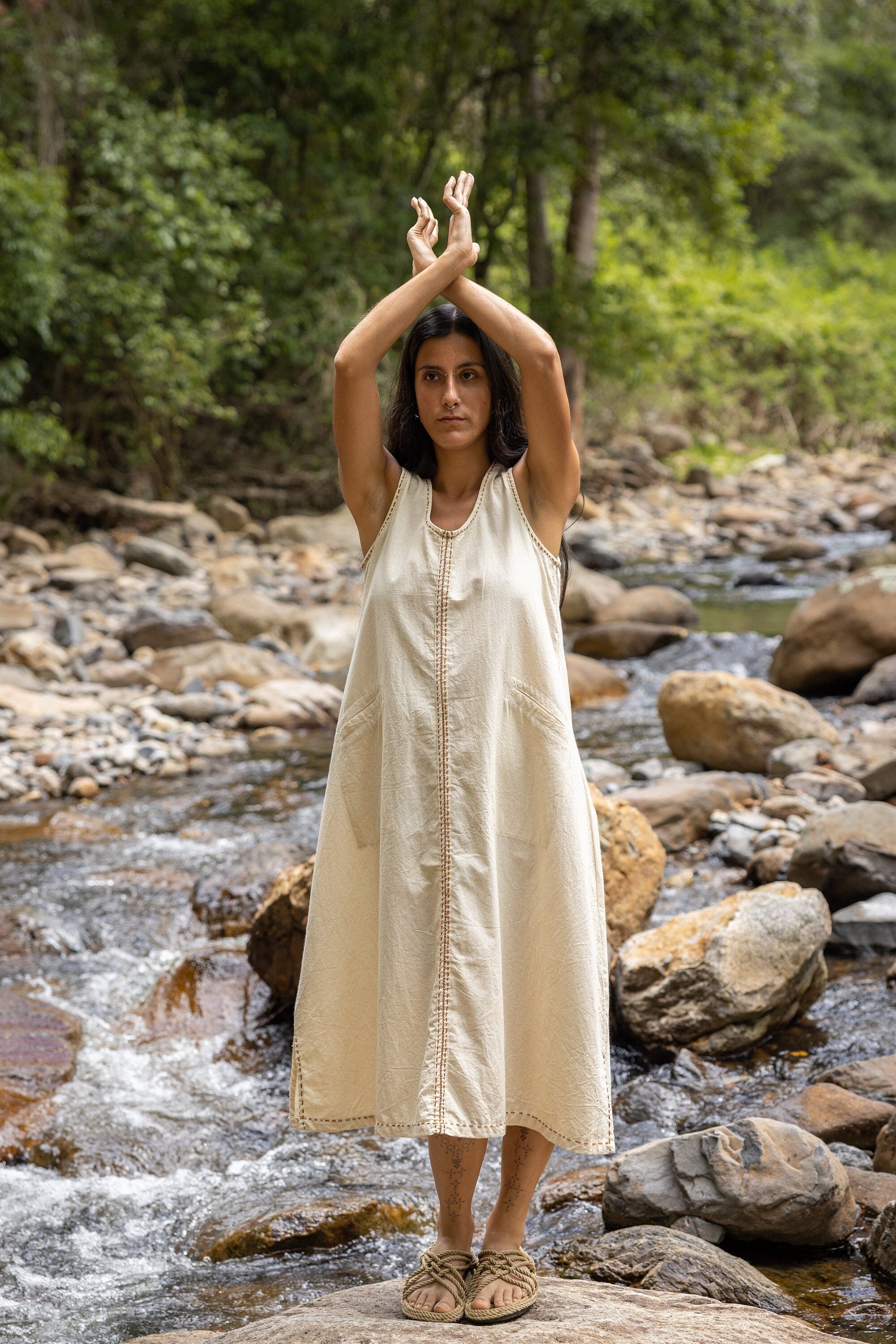 AHUA Dress Beige Maxi Long Simple Natural Cotton Sleeveless Handwoven –  AJJAYA