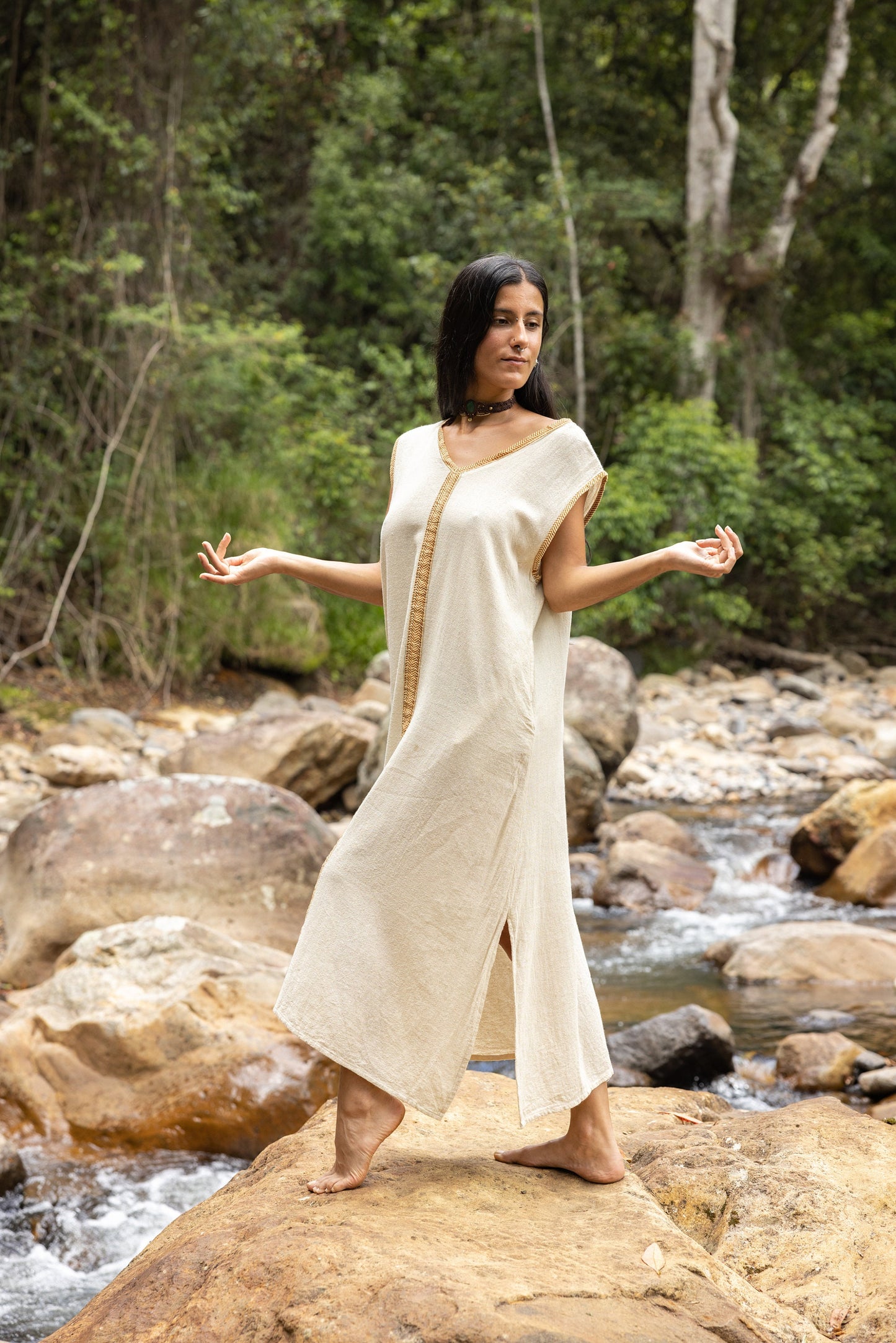 WAIATA Beige Dress Maxi Sleeveless Pockets Natural Cotton Boho Free-Flowing Relaxed Fit Spring Summer Kaftan Bohemian Breathable AJJAYA