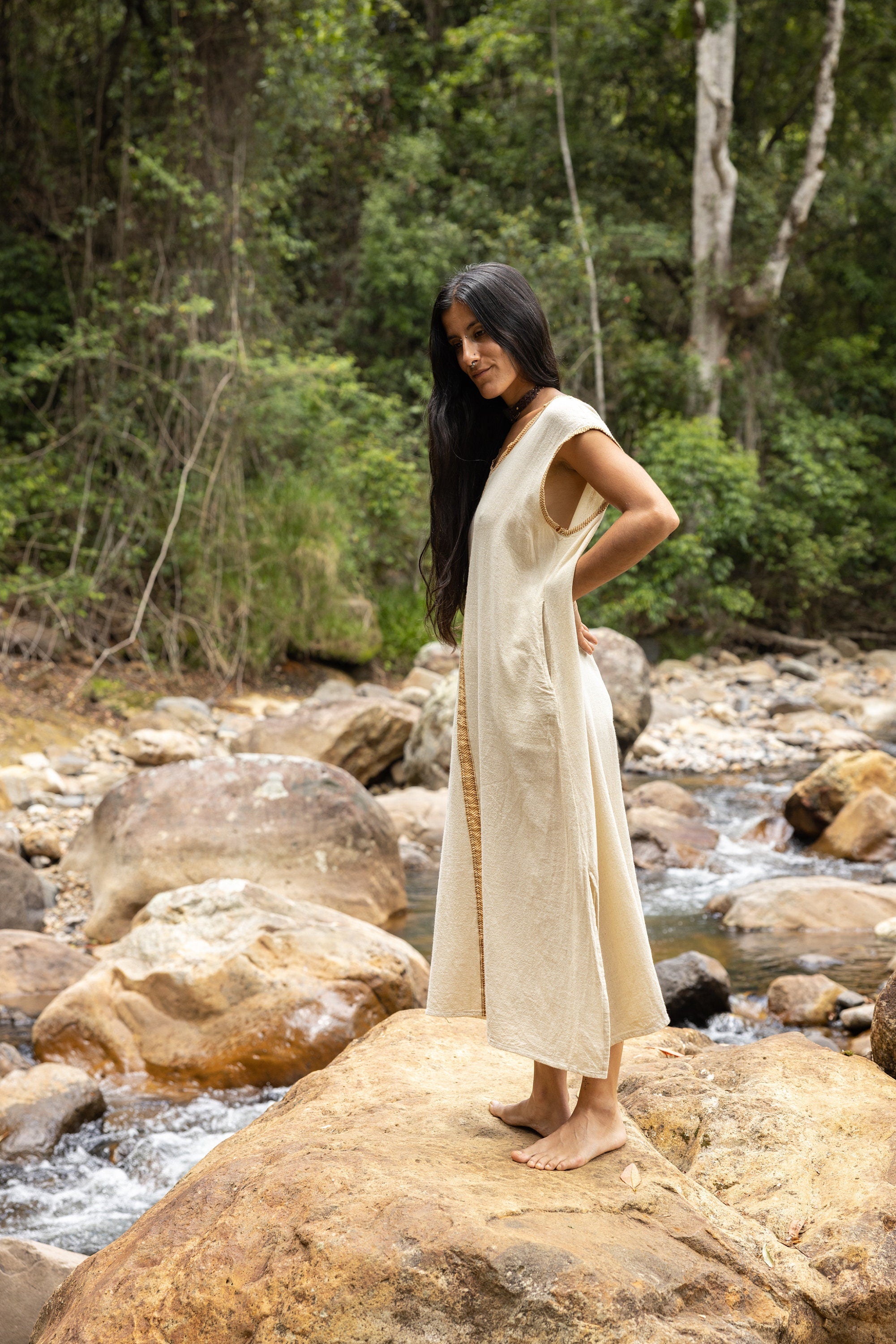 WAIATA Beige Dress Maxi Sleeveless Pockets Natural Cotton Boho Free-Flowing Relaxed Fit Spring Summer Kaftan Bohemian Breathable AJJAYA