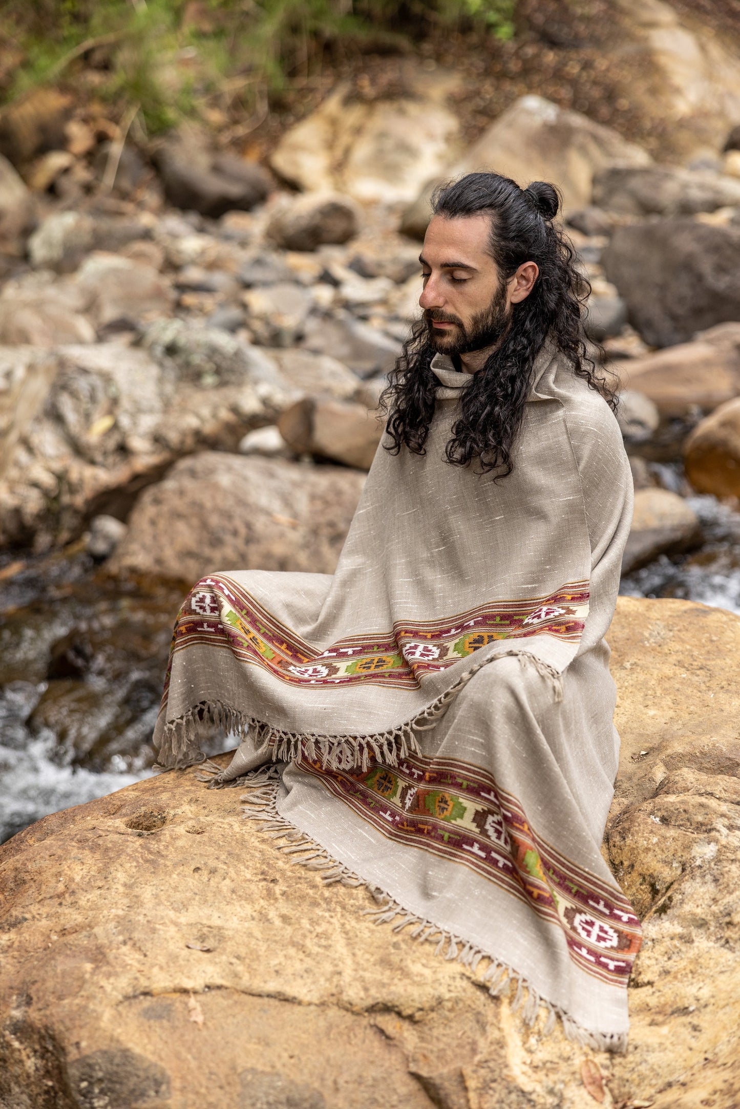 SATI Shawl Misty Grey Handwoven Wool Meditation Prayer Scarf Blanket Premium Pure Cashmere Winter Tribal Zen Embroidery Handmade AJJAYA