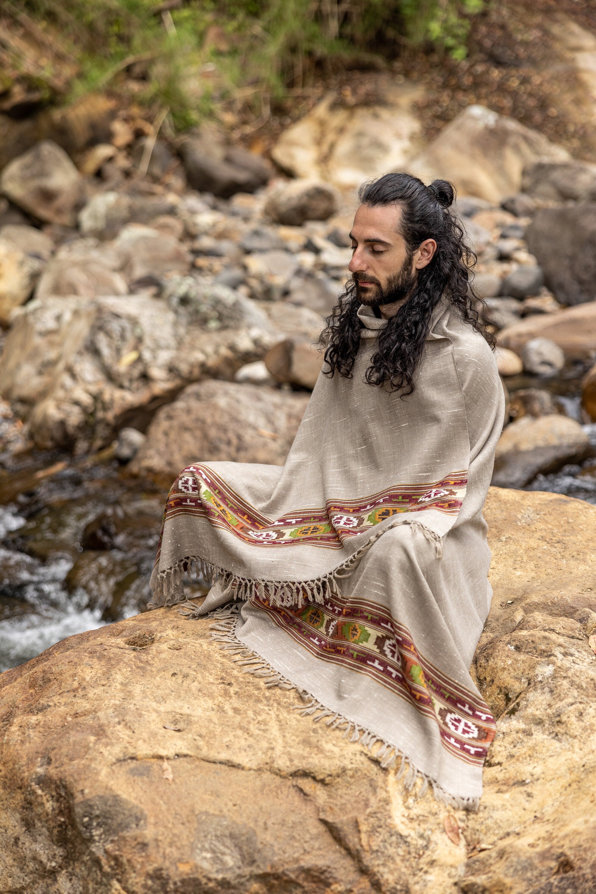SATI Shawl Misty Grey Handwoven Wool Meditation Prayer Scarf Blanket Premium Pure Cashmere Winter Tribal Zen Embroidery Handmade AJJAYA