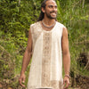 AKAU Mens Beige Tank Top Sleeveless Shirt Shipibo Block Printed Handmade Natural Muscle Cotton Shaman Tribal Festival Ceremony Ritual AJJAYA