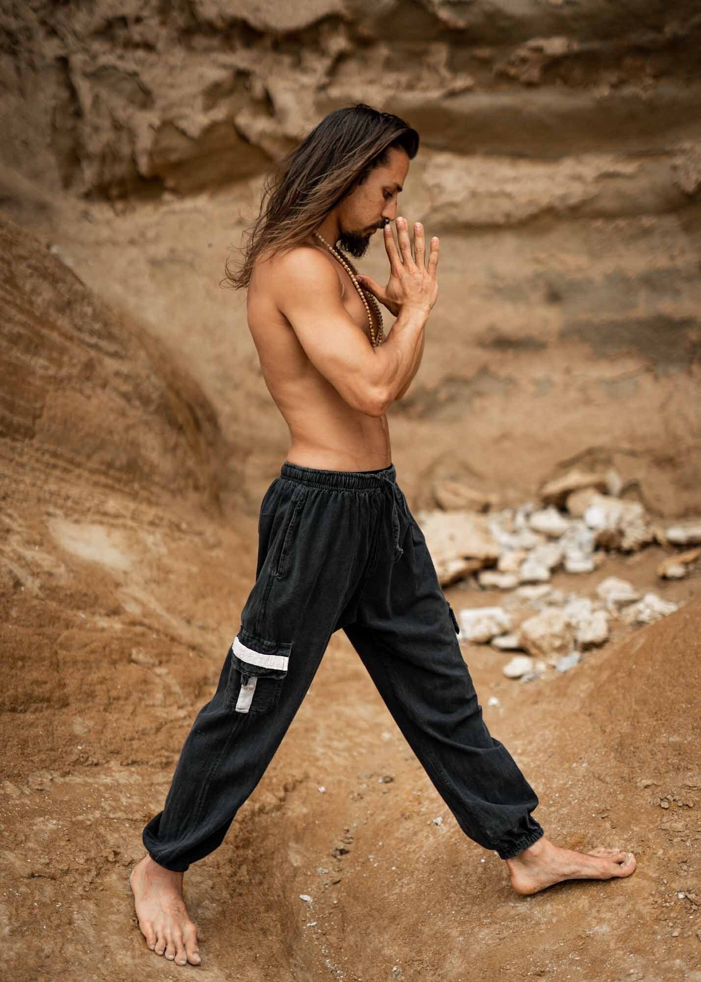 OKKO Faded Black Organic Hemp and Cotton Mens Pants Handmade Four Pockets Eco friendly Sustainable Comfortable Earthy Yoga Gypsy Boho AJJAYA