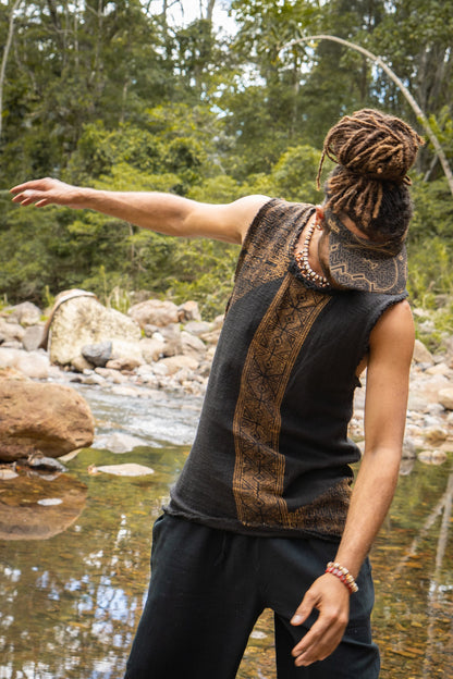 AKAU Beige Tank Top Sleeveless Shirt Shipibo Block Printed Handmade Natural Muscle Cotton Shamanic Tribal Festival Ceremony Ritual AJJAYA
