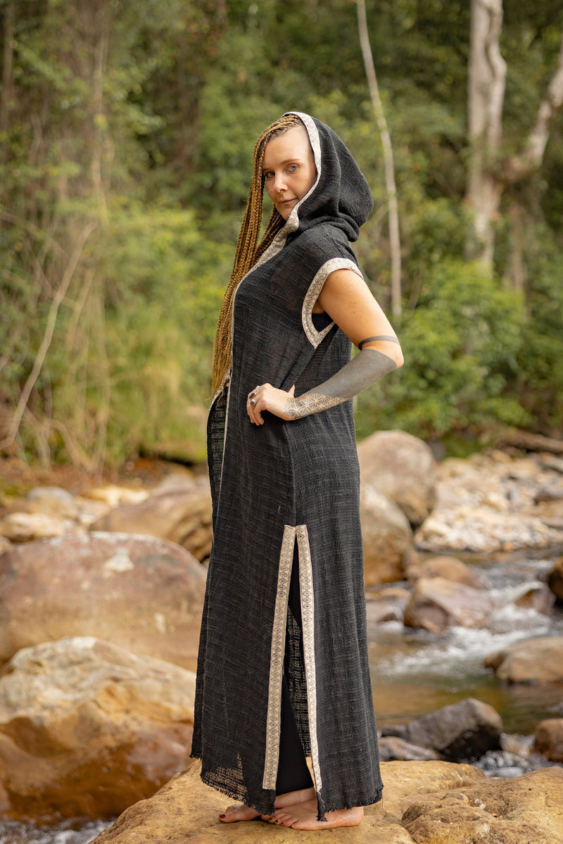 LALIKA Black Womens Long Hooded Vest Large Hood Natural Netted Cotton Festival Ceremony Tribal Dystopian Cyberpunk Steampunk Gypsy AJJAYA