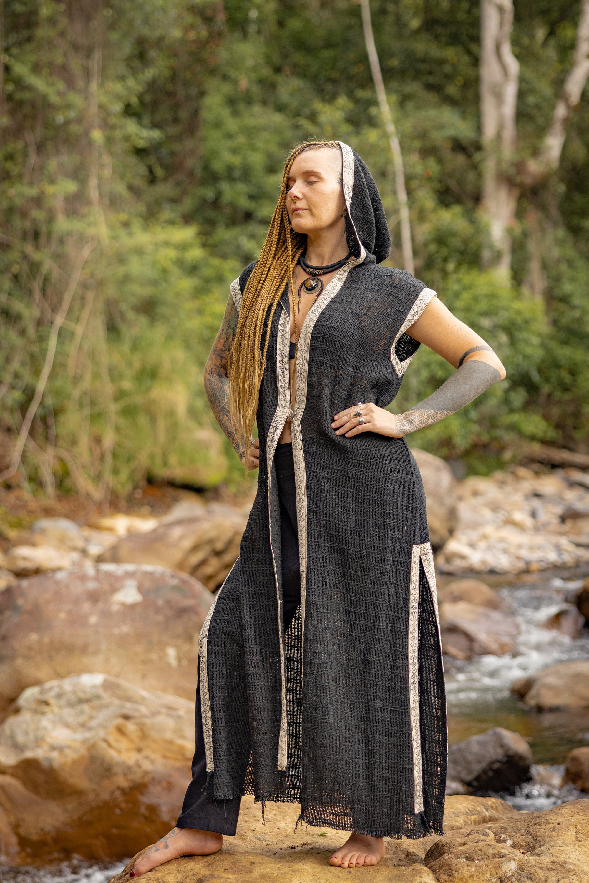 LALIKA Womens Beige Long Hooded Vest Large Hood Natural Netted Cotton Festival Ceremony Tribal Dystopian Cyberpunk Steampunk Gypsy AJJAYA
