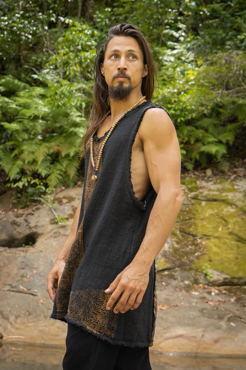 AKAU Tank Top Black Sleeveless Shirt Shipibo Block Printed Handmade Natural Muscle Cotton Shamanic Tribal Festival Ceremony Ritual AJJAYA