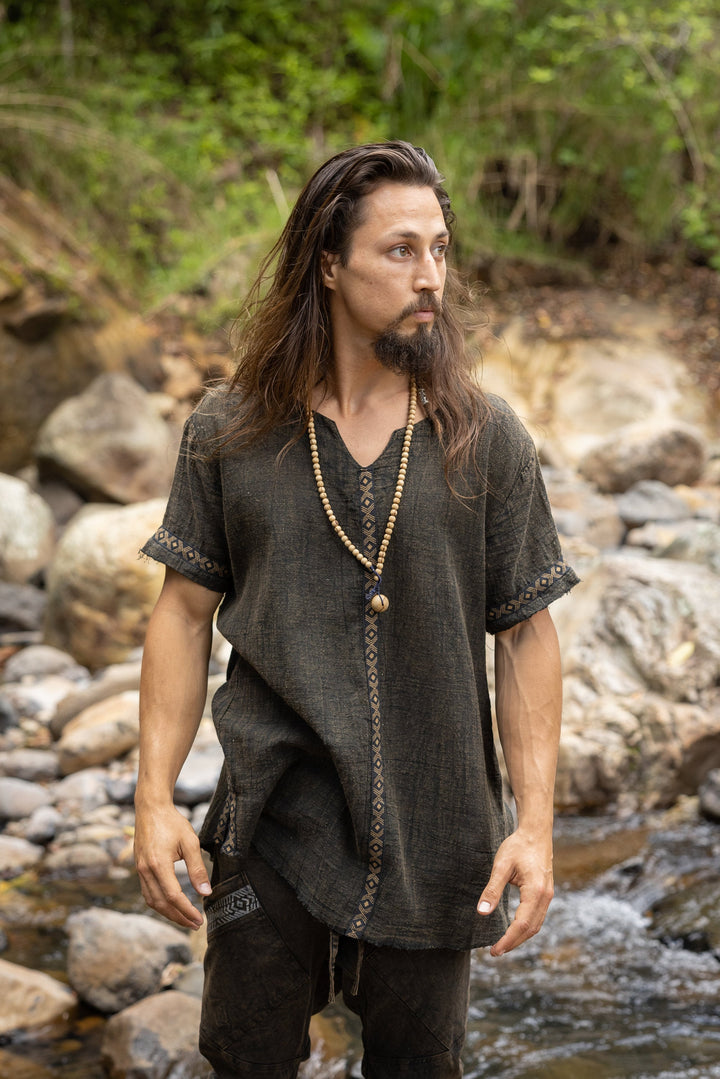 IKRAN Mens Black Cotton T Shirt Top Naturally Dyed Tribal Pattern Open V Neck Breathable Festival Ceremony Ritual Shaman AJJAYA