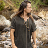 IKRAN Black Mens Cotton T Shirt Top Stone Washed Naturally Dyed Tribal Pattern Open V Neck Breathable Festival Ceremony Ritual Shaman AJJAYA