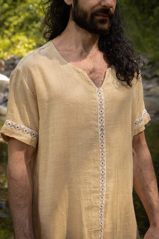 IKRAN Mustard Mens Cotton T Shirt Top Stone Washed Naturally Dyed Tribal Open V Neck Breathable Festival Ceremony Ritual Shaman AJJAYA