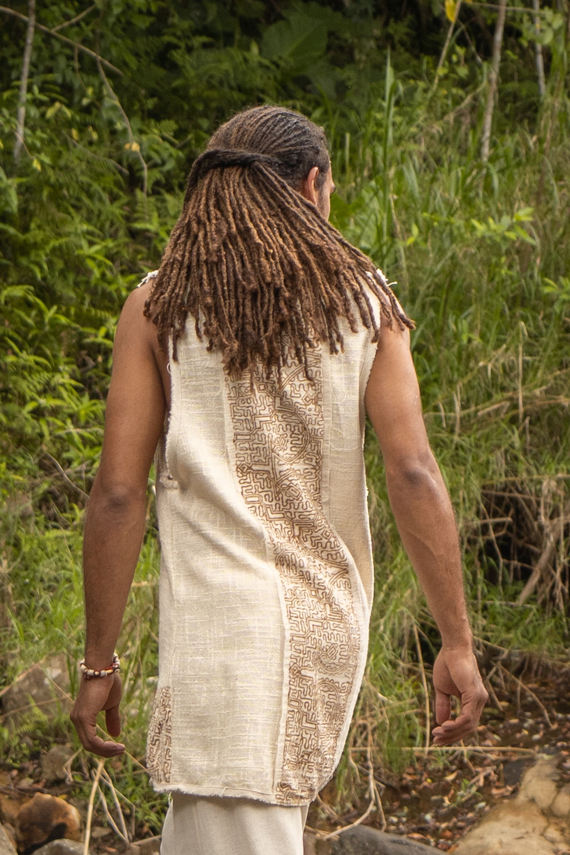 AKAU Mens Beige Tank Top Sleeveless Shirt Shipibo Block Printed Handmade Natural Muscle Cotton Shaman Tribal Festival Ceremony Ritual AJJAYA