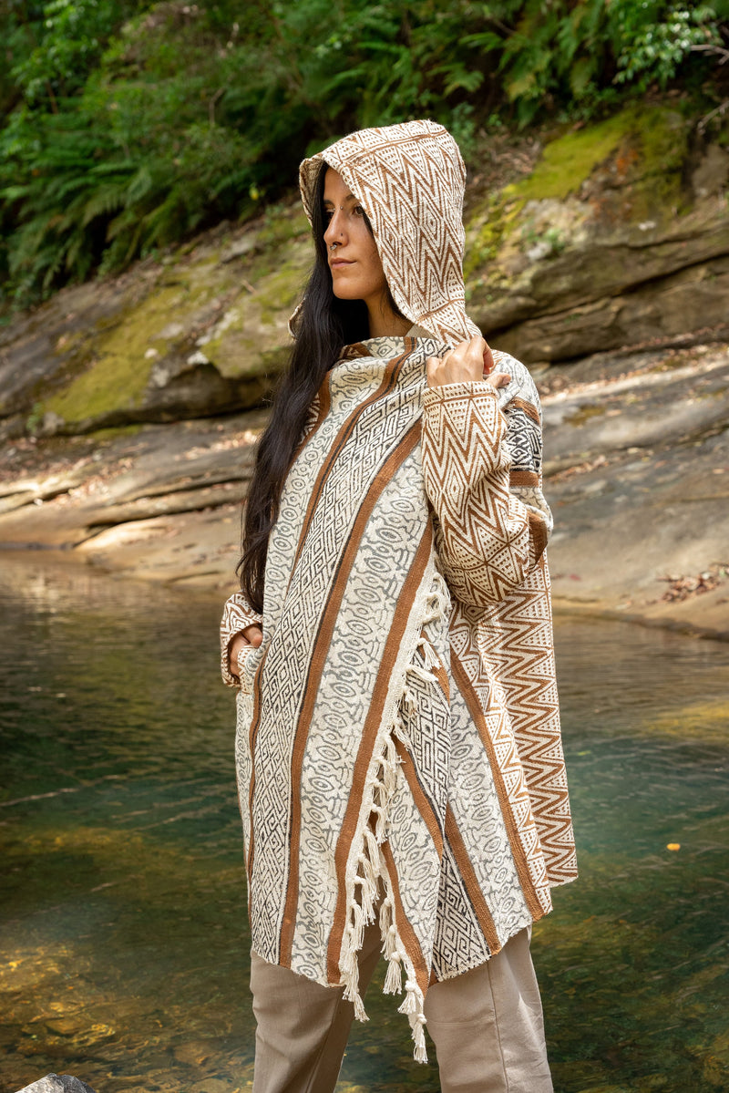 JAPOMONO Hooded Poncho Jacket Kimono Hybrid Large Hood and Pockets Handmade Naturally Dyed Block Printed Tribal Pattern Festival AJJAYA