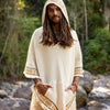 VECHO Poncho Beige Mens Hooded Vegan Textured Cotton with Hood Block Printed Tribal Pattern Gypsy Festival Boho ceremony ritual AJJAYA