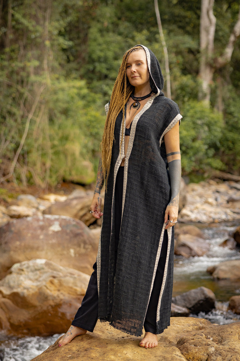 LALIKA Black Womens Long Hooded Vest Large Hood Natural Netted Cotton Festival Ceremony Tribal Dystopian Cyberpunk Steampunk Gypsy AJJAYA