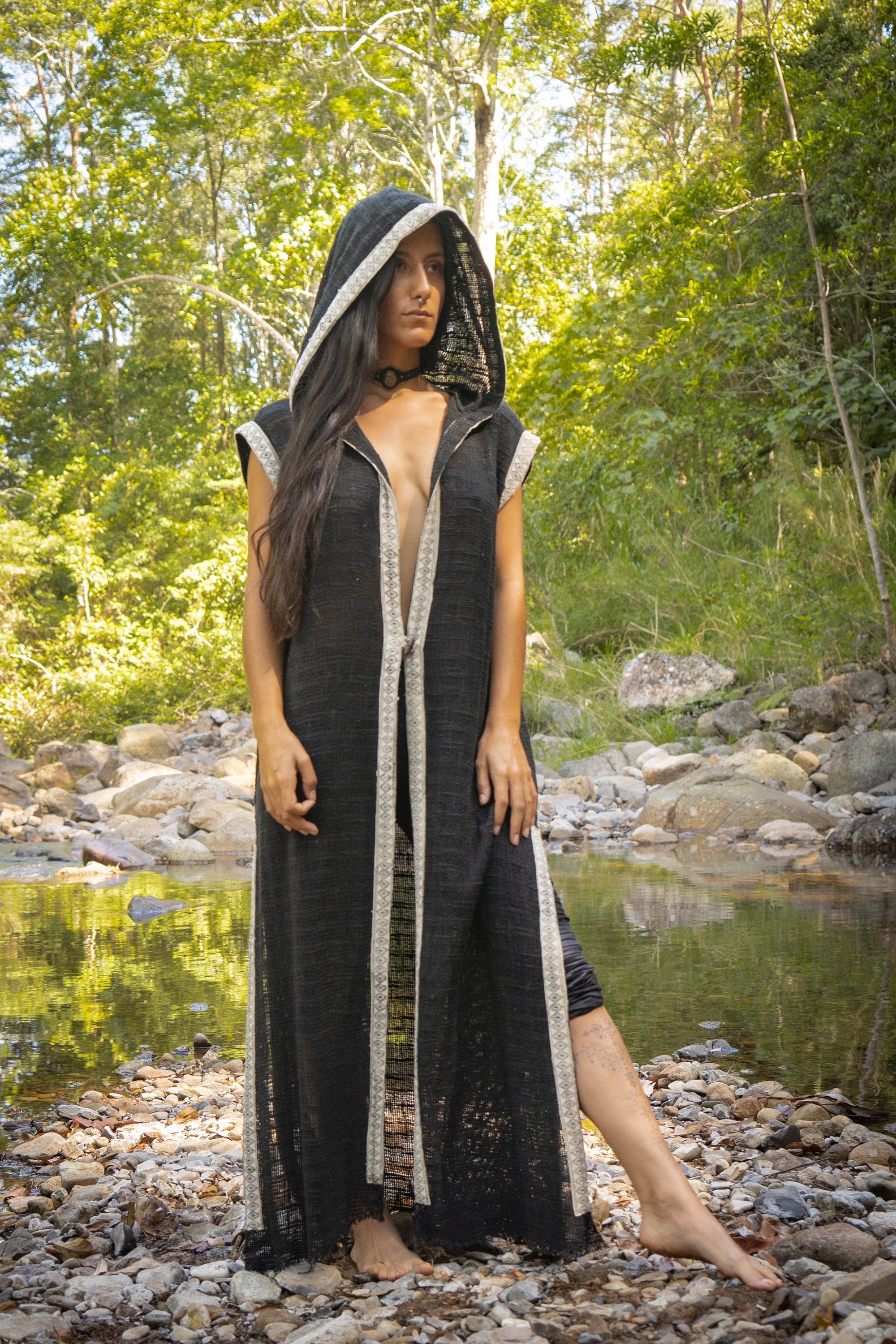 LALIKA Womens Vest Black Long Hooded Large Hood Natural Netted Cotton Festival Ceremony Tribal Dystopian Cyberpunk Steampunk Gypsy AJJAYA