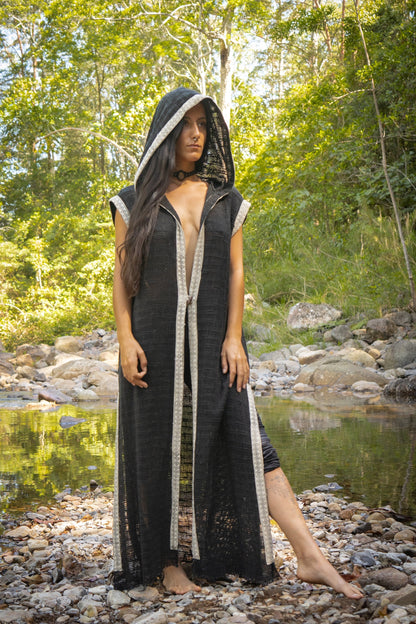 LALIKA Womens Vest Black Long Hooded Large Hood Natural Netted Cotton Festival Ceremony Tribal Dystopian Cyberpunk Steampunk Gypsy AJJAYA