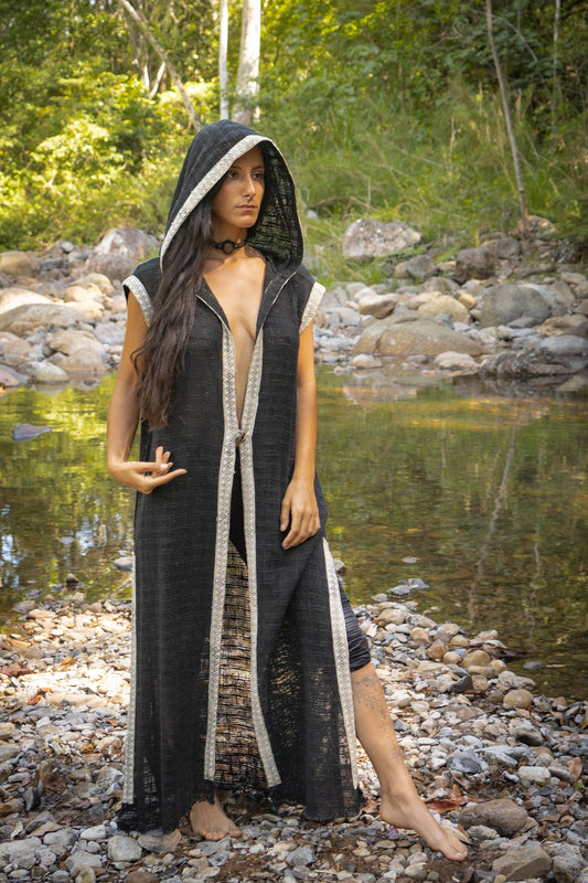 LALIKA Womens Vest Black Long Hooded Large Hood Natural Netted Cotton Festival Ceremony Tribal Dystopian Cyberpunk Steampunk Gypsy AJJAYA
